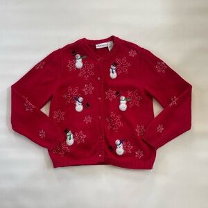Red Cardigan Sweater Winter Snowman Theme Womens Small